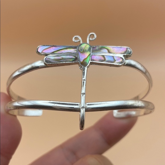 Silver Mexico Alpaca Abalone Inlay Dragonfly Cuff Bracelet M12 - Picture 1 of 7
